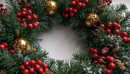 Obraz premium Wreath of Evergreens, Crimson Berries, and Glimmering Golden Spheres on a Neutral Surface.