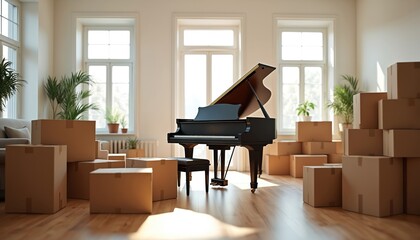 Grand piano sits in bright empty room surrounded by cardboard boxes. Sunlight streams through large windows. Indicates moving home or new beginnings.