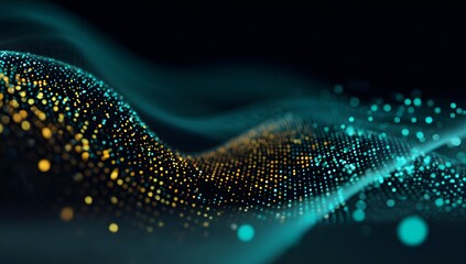 Abstract digital wave of glowing particles and light trails representing data flow and technological innovation in a dark futuristic environment