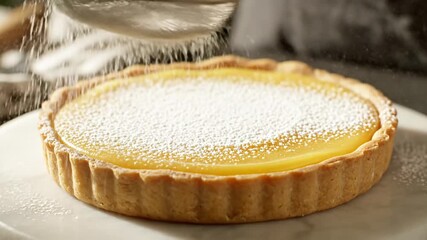 Close up of a pastry chef dusting powdered sugar onto a yellow tart dessert overhead shot