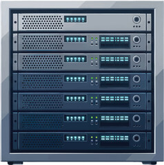 Fototapeta premium Modern Server Rack with Multiple Computer Servers, Illuminated Blue and Green LED Lights. Essential IT Infrastructure for Data Centers, Cloud Computing, and Digital Business Technology.