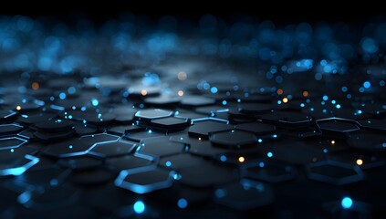 Abstract shimmering hexagonal geometric pattern with glowing blue and teal bokeh lights creating a futuristic and ethereal digital background effect