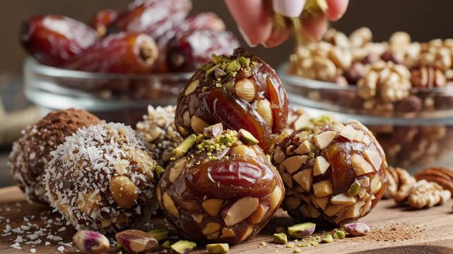Close up of dates and nuts with natural textures and detailed composition