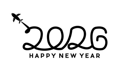 Happy new year 2026 with airplane exhaust fumes symbol