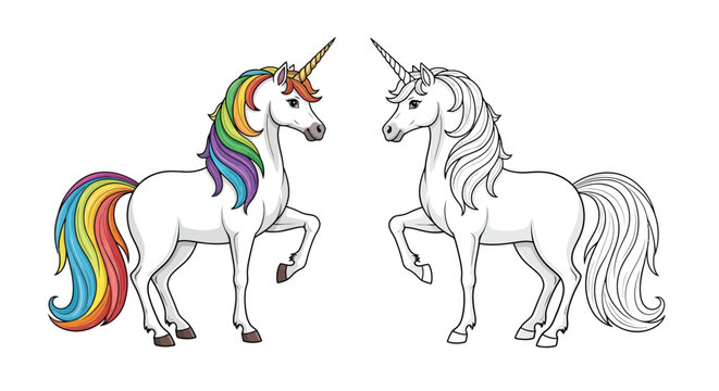 Unicorns in Fantasy Land: Majestic unicorn pair stands, with vibrant colors and intricate details. one fully colored and one outline.