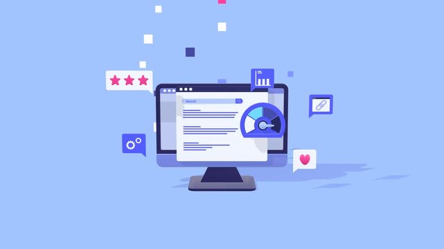 Animated Concept Illustrating SEO Optimization And Online Marketing Strategy. Ideal For Digital Business Growth, Analytics Presentations, And Search Engine Marketing Visuals.