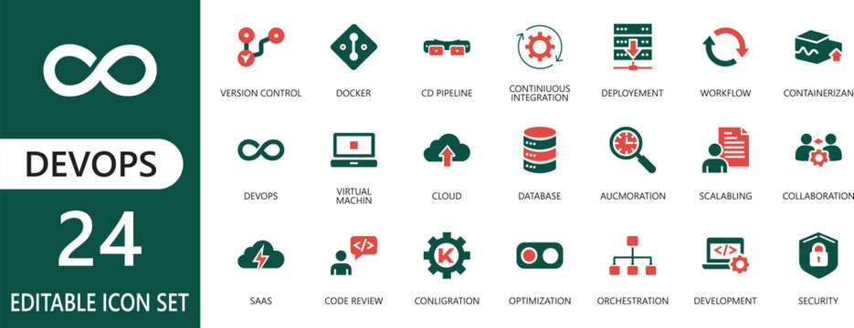 DevOps solid icons featuring CI/CD pipeline, cloud deployment, automation, monitoring, infrastructure, containerization, software delivery workflow