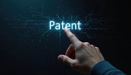 Person touches glowing Patent button on digital interface. Futuristic concept of innovation intellectual property registration and legal protection. Business idea confirmation success.