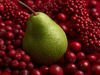 Fresh Juicy Pear Resting on Dense Bed of Autumn Berries for Creative Festive Holiday Food Concept and Elegant Seasonal Gourmet Table Decoration