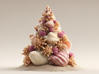 Creative Seashell Christmas Tree Tower with Elegant Coral and Ocean Shells for Luxury Beach Theme Holiday Decoration and Artistic Maritime Festive Gourmet Concept