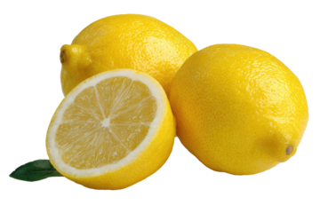 Three lemons, one cut, bright yellow against dark backdrop