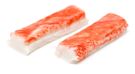Crab sticks isolated on white background. Seafood close-up.