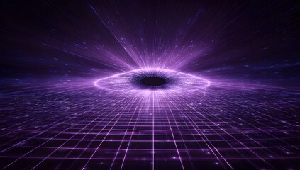 Vast cosmic spectacle featuring a luminous purple nebula with swirling energy emanating from a central dark void against a star filled expanse