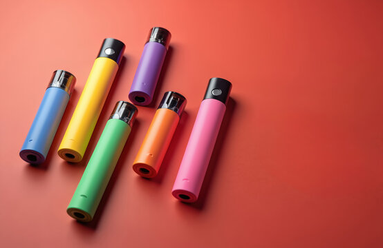 Group of colorful disposable electronic cigarettes arranged on bright red background. Devices in blue, yellow, green, purple, orange, pink hues. Modern vape pens popular alternative to traditional