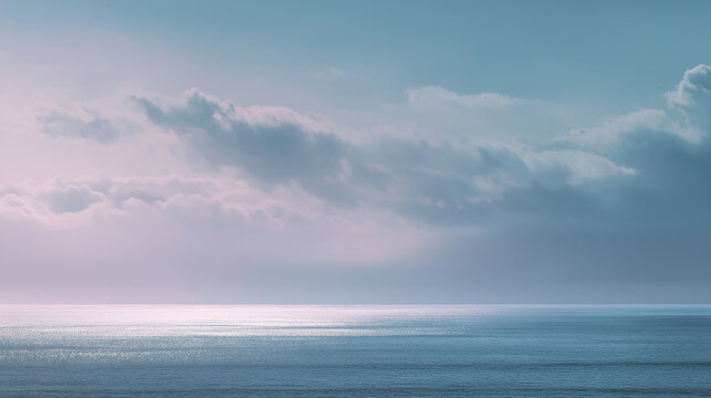 Minimalist nature landscape panorama with calm ocean horizon under soft pastel sky, gentle natural light, subtle color gradients, peaceful atmosphere, wide composition with generous copy space