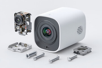 Smart doorbell camera exploded view with separated lens and mounting parts on white background