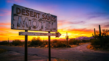Weathered, vintage desert sands motel sign stands tall against a vibrant sunset sky in the arid American Southwest landscape.