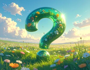 Large question mark filled with flowers against a sunny sky