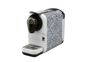 Zebra-print coffee maker on black backdrop, glossy