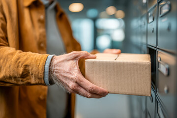 Close-up of human hands placing a plain parcel into a modern secure locker compartment