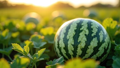 Ripe watermelon grows on green plant in sunlit field. Round striped fruit on farm land during summer sunset. Healthy food production, natural organic harvest. Sweet melon.