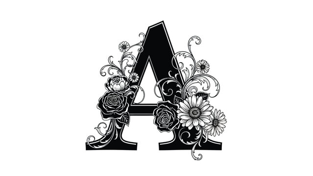Decorative black letter A featuring intricate floral designs and flourishes