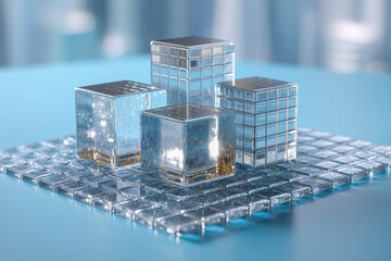 Transparent glass bar chart emerging from clear grid base on pale blue backdrop