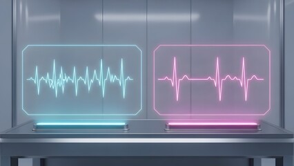 Neon heartbeat monitor displays in futuristic medical setting