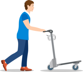 man pushing luggage cart with suitcases.