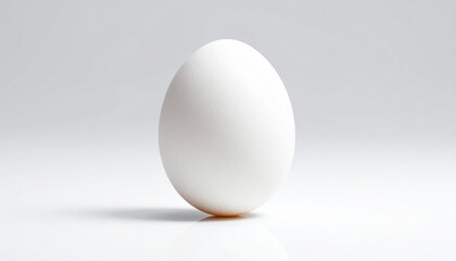 One white chicken egg positioned vertically on a bright white surface with reflection white egg