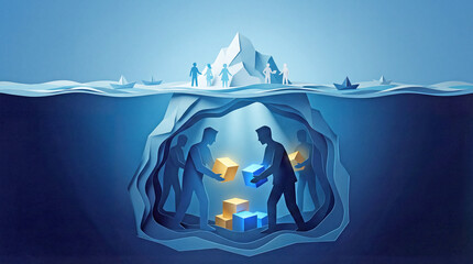 Paper Cut Art of Iceberg Illusion Showing Surface Success and Hidden Hard Work Below Water

