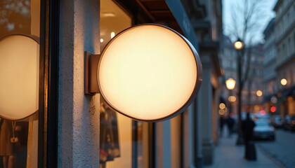 Round illuminated shop sign hangs outside building exterior on street corner. Customizable blank commercial display lights up at dusk. Modern business storefront.
