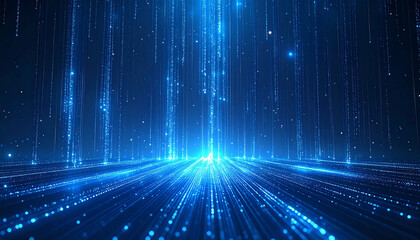 A digital landscape featuring glowing blue particles and lines, creating an ethereal, futuristic atmosphere reminiscent of a sci-fi environment.
