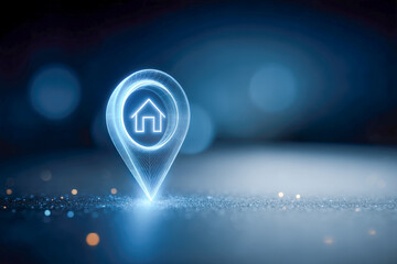 Glowing blue hologram location pin with house icon for smart city real estate
