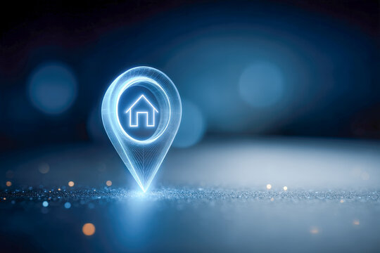 Glowing blue hologram location pin with house icon for smart city real estate - Powered by Adobe