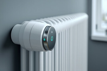 Compact smart radiator valve actuator installed on white radiator for modern energy saving control