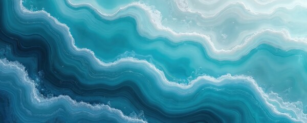 Obraz premium Abstract wavy bands of turquoise, aquamarine fluid undulate harmoniously. Fluid layers create sense of deep ocean movement, tranquil flow. Texture resembles natural stone formations dynamic water.