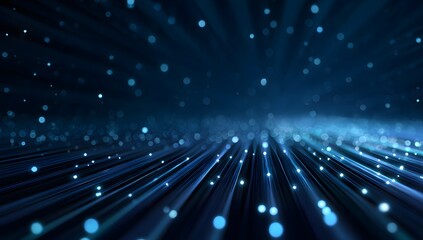 Abstract digital glowing particles and light streaks create a futuristic and ethereal atmosphere with a deep blue and teal color palette