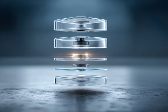 Transparent smartphone camera module cross section with stacked lenses and sensor layers - Powered by Adobe
