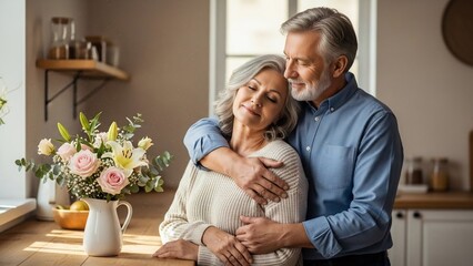 Happy senior couple embracing in a sunlit kitchen, enjoying a tender moment together.
