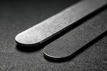 Separate metal hour and minute clock hands on smooth matte background with copy space