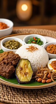 Delicious Indonesian Nasi Campur with various side dishes served on a banana leaf.