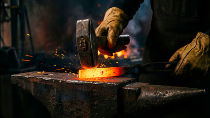 A skilled blacksmith forcefully strikes a glowing, incandescent piece of heated metal with a heavy hammer upon a rugged anvil in a fiery workshop setting.