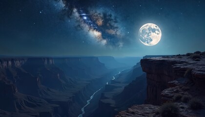 Vast canyon under bright full moon and starry milky way galaxy. River winds through deep gorge under night sky. Rocky cliffs edge overlook dark chasm. Cosmic landscape view.