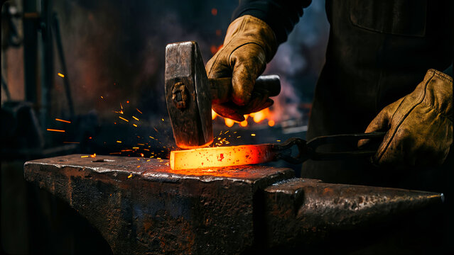 A skilled blacksmith forcefully strikes a glowing, incandescent piece of heated metal with a heavy hammer upon a rugged anvil in a fiery workshop setting. - Powered by Adobe