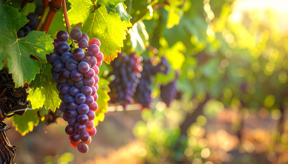 Fototapeta premium Reddish-purple grapes on a vine with sunlit vineyard rows in the background Keywords: grape, vineyard, red grapes