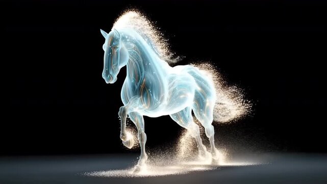 水滴が形作る走る馬の幻影、幻想的な粒子アート
