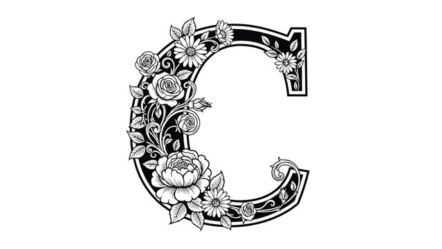 Elegant ornamental letter C featuring detailed black and white floral artwork