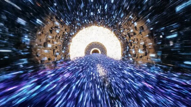 Stream of brilliant, energetic glowing particles aggressively pushing and struggling through a chaotic, twisting, narrow digital pipe system towards a wide opening Stream, digital, connection