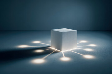 White cube casting funnel shadow with connected nodes, AI data optimization concept
